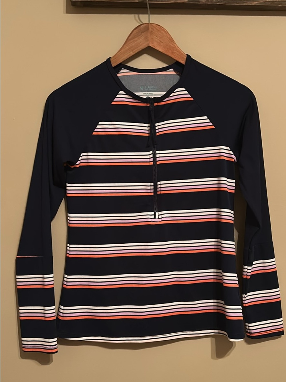 Carve Designs Navy Rash Guard with Coral, Pink & White Stripes